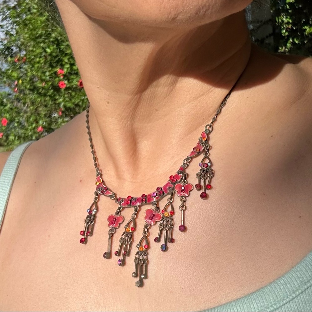 Elegant Pink Floral Necklace Cloisonné Enameled Rhinestone adjustable